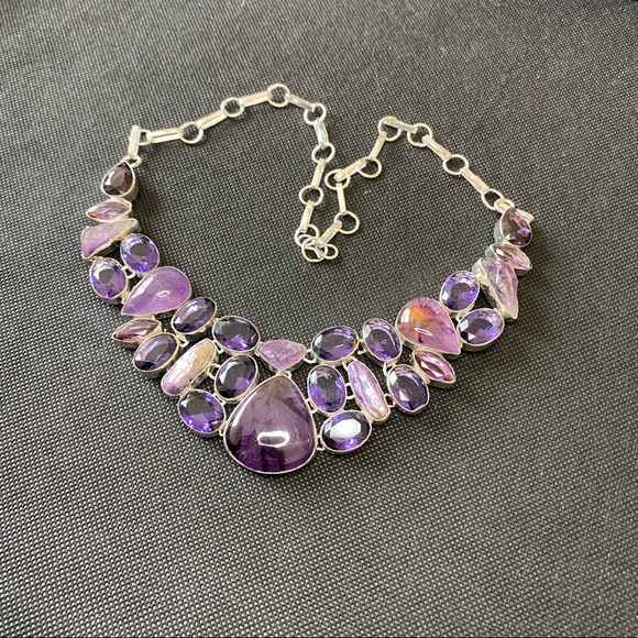 Charoite Necklace with Faceted Amethyst, Charoite and Biwa Pearl Bib Necklace - Picture 14 of 16